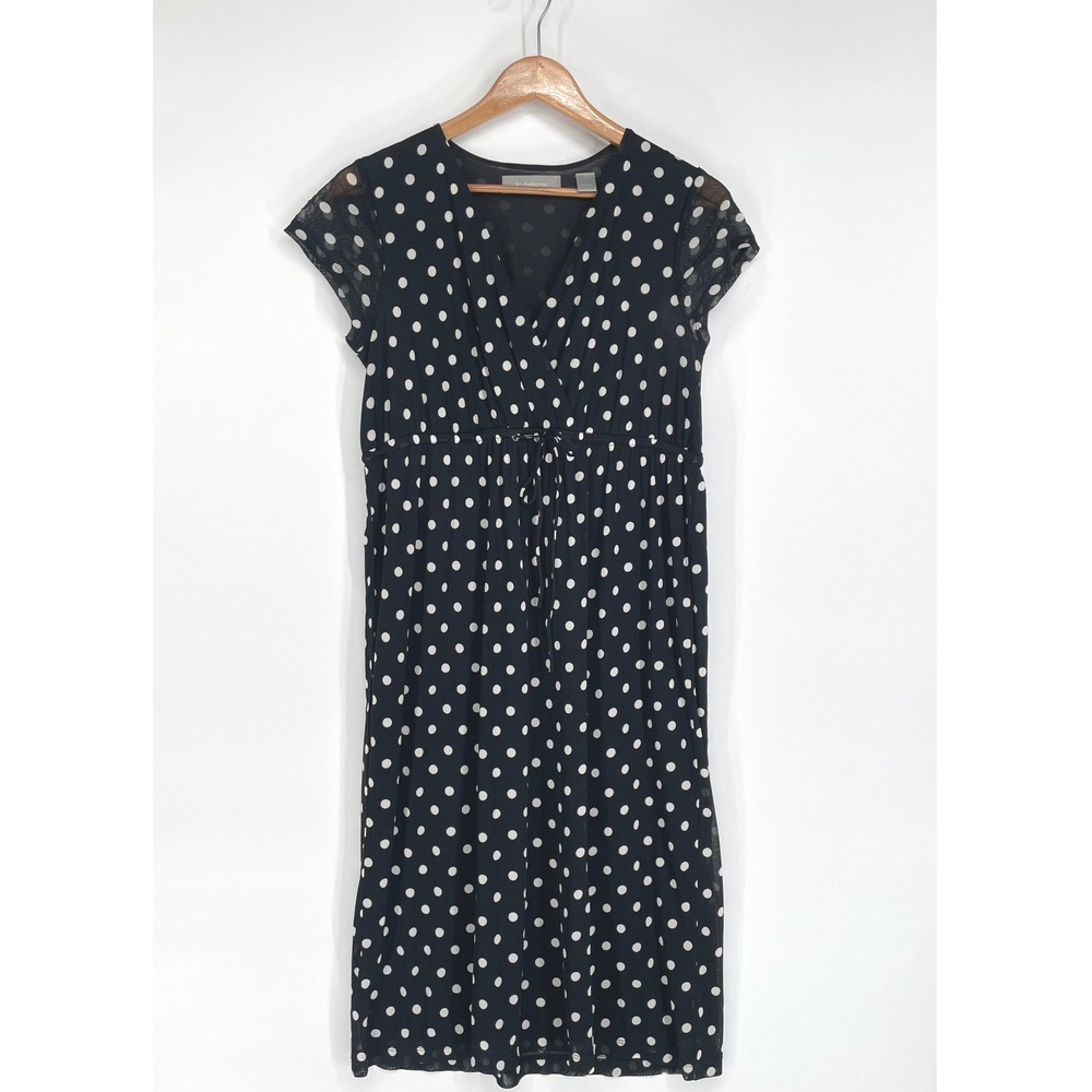 Liz Claiborne Women Dress M Baby Doll Tie Front Black Polka Dot Mesh‎ Cap Sleeve